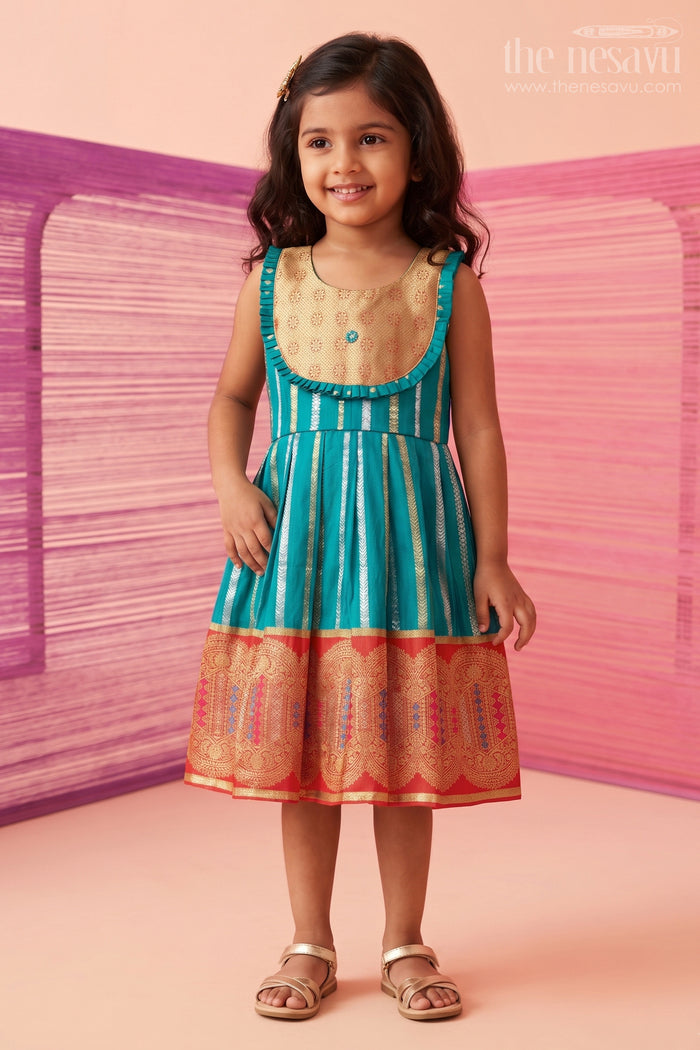The Nesavu Girls Kanchi Silk Frock Girls Kanchi Silk Frock for Temple Festivals and Family Celebrations Nesavu 20 (3Y) / Green / Style 1 KSF046EA-20 Nesavu Girls Kanchi Silk Frock With Grand Traditional Border For Festivals And Family Occasions