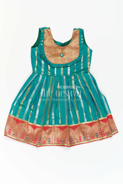 The Nesavu Girls Kanchi Silk Frock Girls Kanchi Silk Frock for Temple Festivals and Family Celebrations Nesavu 20 (3Y) / Green / Style 2 KSF046EB-20 Nesavu Girls Kanchi Silk Frock With Grand Traditional Border For Festivals And Family Occasions