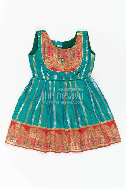 The Nesavu Girls Kanchi Silk Frock Girls Kanchi Silk Frock for Temple Festivals and Family Celebrations Nesavu 16 (1Y) / Green / Style 3 KSF046EC-16 Nesavu Girls Kanchi Silk Frock With Grand Traditional Border For Festivals And Family Occasions