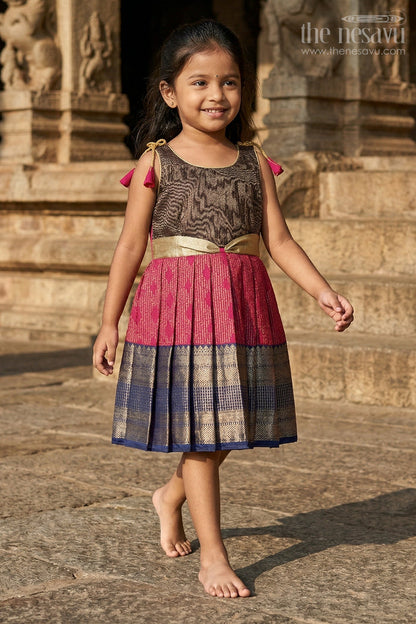 The Nesavu Girls Kanchi Silk Frock Girls Kanchi Silk Frock for Temple Functions and Festivals Nesavu Nesavu girls kanchi silk frock for temple functions in semi temple wear kanchivaram silk design