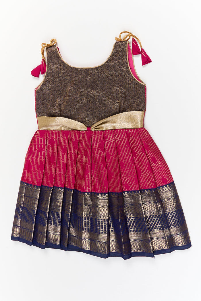 The Nesavu Girls Kanchi Silk Frock Girls Kanchi Silk Frock for Temple Functions and Festivals Nesavu 18 (2Y) / Pink / Style 1 KSF031AA-18 Nesavu girls kanchi silk frock for temple functions in semi temple wear kanchivaram silk design