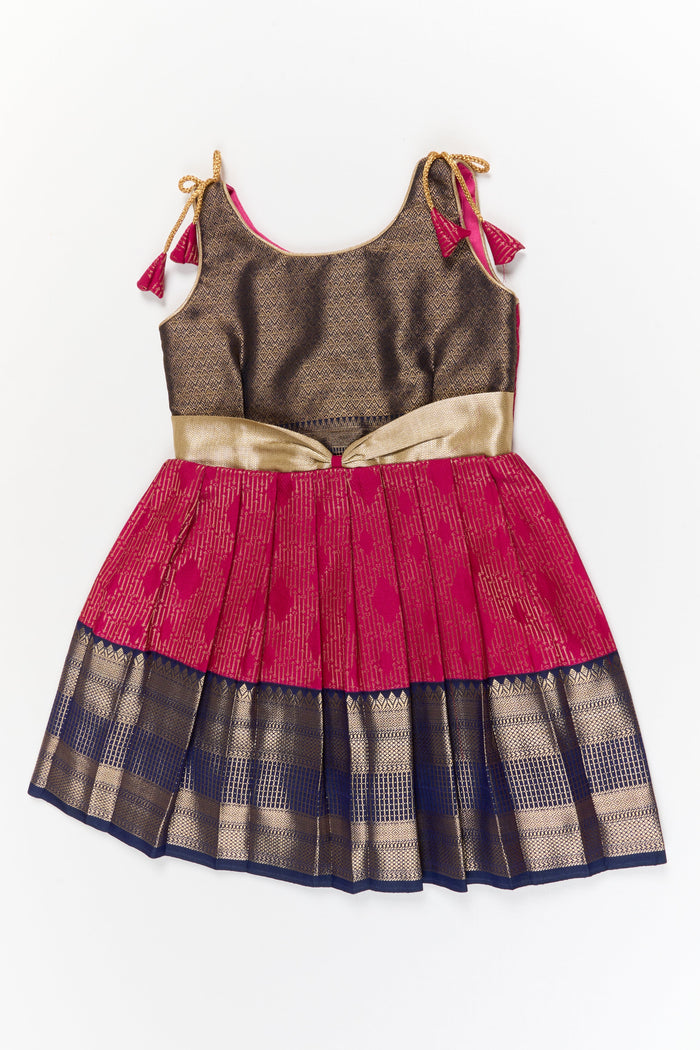 The Nesavu Girls Kanchi Silk Frock Girls Kanchi Silk Frock for Temple Functions and Festivals Nesavu 18 (2Y) / Pink / Style 2 KSF031AB-18 Nesavu girls kanchi silk frock for temple functions in semi temple wear kanchivaram silk design