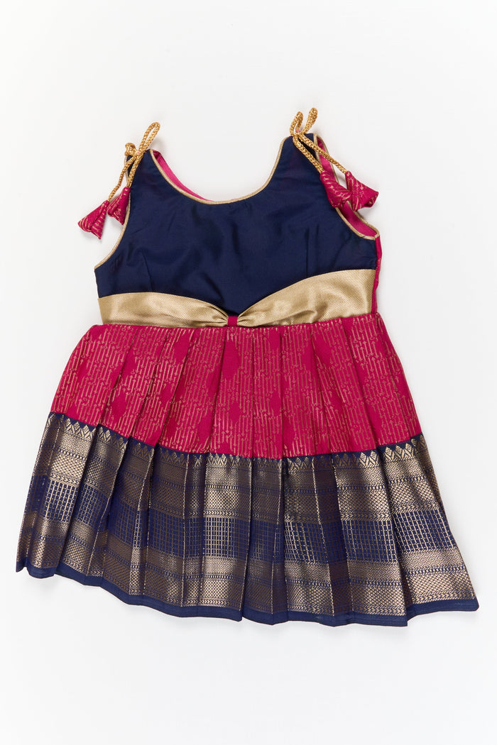 The Nesavu Girls Kanchi Silk Frock Girls Kanchi Silk Frock for Temple Functions and Festivals Nesavu 14 (6M) / Pink / Style 3 KSF031AC-14 Nesavu girls kanchi silk frock for temple functions in semi temple wear kanchivaram silk design