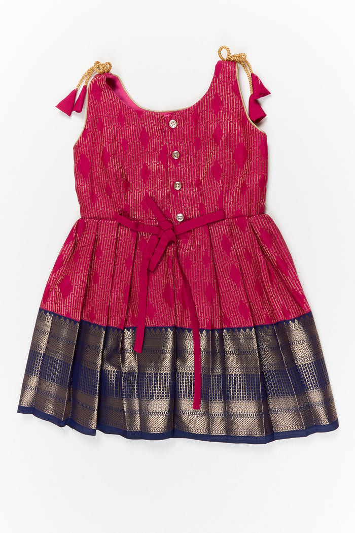 The Nesavu Girls Kanchi Silk Frock Girls Kanchi Silk Frock for Temple Functions and Festivals Nesavu Nesavu girls kanchi silk frock for temple functions in semi temple wear kanchivaram silk design