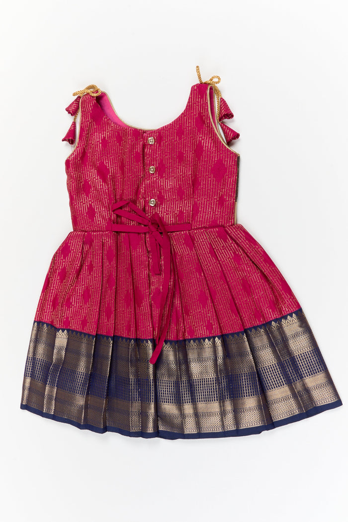 The Nesavu Girls Kanchi Silk Frock Girls Kanchi Silk Frock for Temple Functions and Festivals Nesavu Nesavu girls kanchi silk frock for temple functions in semi temple wear kanchivaram silk design