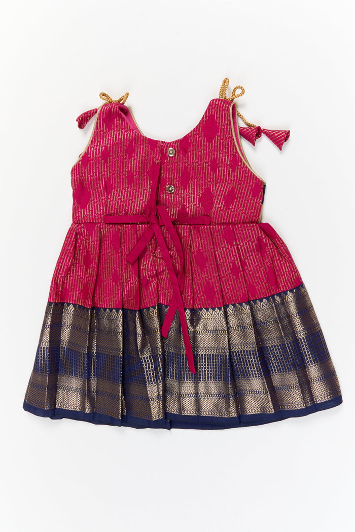 The Nesavu Girls Kanchi Silk Frock Girls Kanchi Silk Frock for Temple Functions and Festivals Nesavu Nesavu girls kanchi silk frock for temple functions in semi temple wear kanchivaram silk design