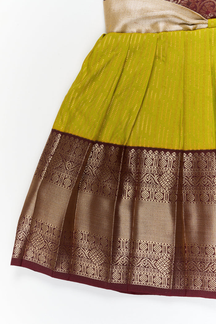 The Nesavu Girls Kanchi Silk Frock Girls Kanchi Silk Frock for Temple Visits and Festive Events Nesavu Nesavu girls kanchi silk frock for temple visits in semi jacquard kanchivaram silk design