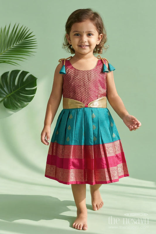 The Nesavu Girls Kanchi Silk Frock Girls Kanchi Silk Frock for Wedding Functions and Festivals Nesavu 10 (NB) / Green / Style 4 KSF022AD-10 Nesavu girls kanchi silk frock for weddings in semi designer bridal kanchivaram style