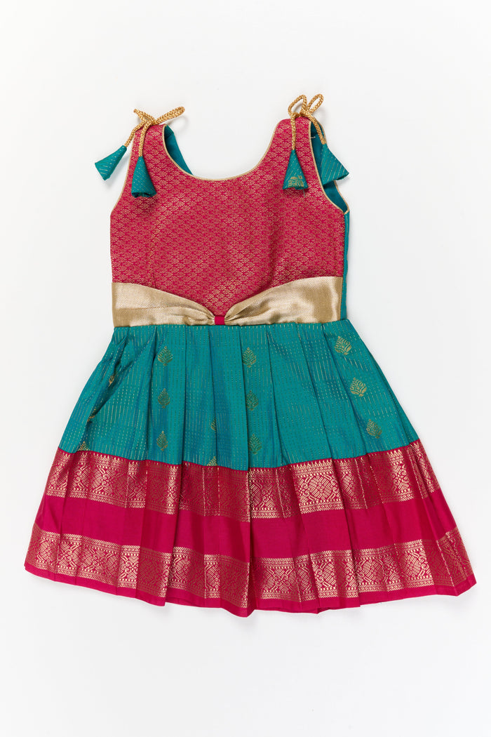 The Nesavu Girls Kanchi Silk Frock Girls Kanchi Silk Frock for Wedding Functions and Festivals Nesavu 18 (2Y) / Green / Style 1 KSF022AA-18 Nesavu girls kanchi silk frock for weddings in semi designer bridal kanchivaram style