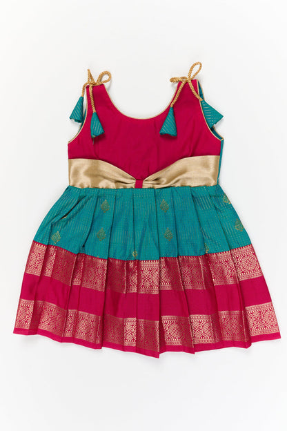 The Nesavu Girls Kanchi Silk Frock Girls Kanchi Silk Frock for Wedding Functions and Festivals Nesavu 14 (6M) / Green / Style 3 KSF022AC-14 Nesavu girls kanchi silk frock for weddings in semi designer bridal kanchivaram style