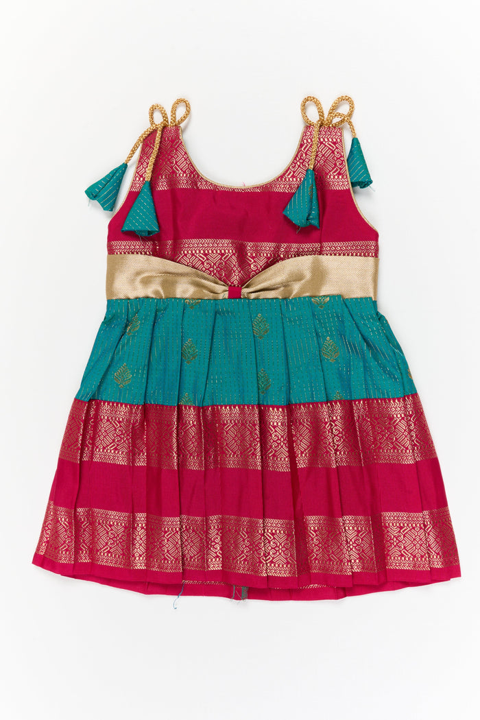 The Nesavu Girls Kanchi Silk Frock Girls Kanchi Silk Frock for Wedding Functions and Festivals Nesavu 10 (NB) / Green / Style 4 KSF022AD-10 Nesavu girls kanchi silk frock for weddings in semi designer bridal kanchivaram style