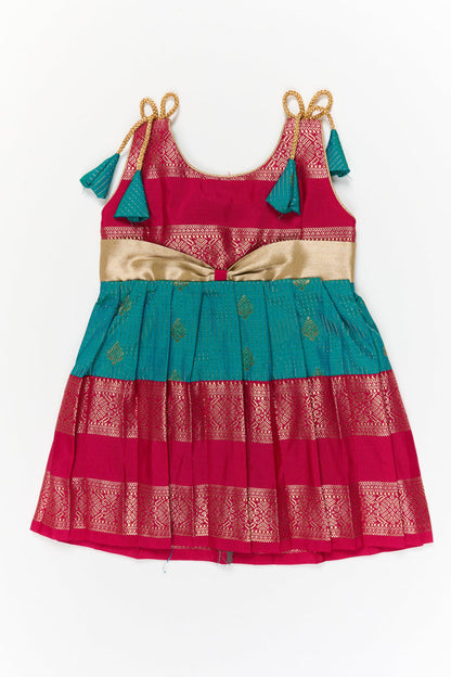 The Nesavu Girls Kanchi Silk Frock Girls Kanchi Silk Frock for Wedding Functions and Festivals Nesavu 10 (NB) / Green / Style 4 KSF022AD-10 Nesavu girls kanchi silk frock for weddings in semi designer bridal kanchivaram style