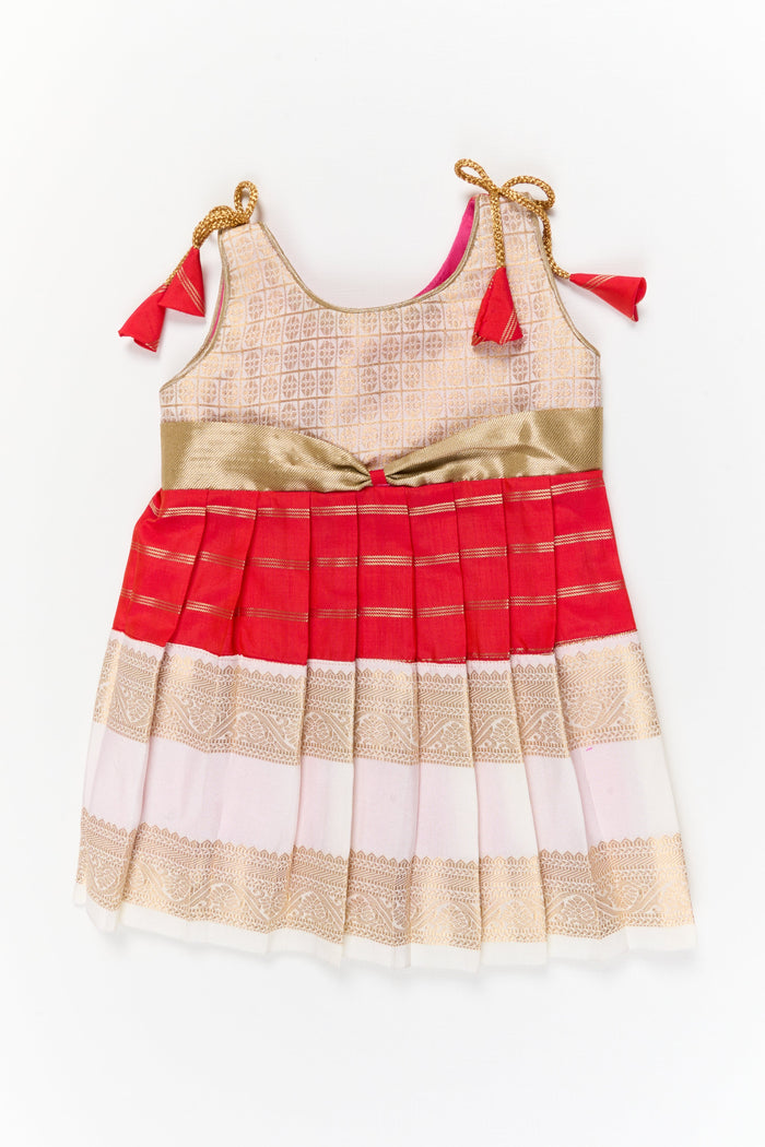 The Nesavu Girls Kanchi Silk Frock Girls Kanchi Silk Frock for Weddings and Festive Ceremonies Nesavu 12 (3M) / Red / Style 1 KSF035CA-12 Nesavu girls kanchi silk frock for weddings in semi latest kanchivaram silk inspired design