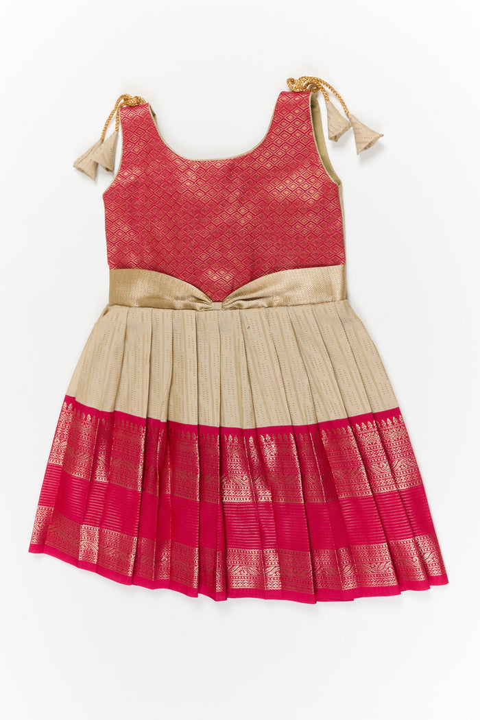 The Nesavu Girls Kanchi Silk Frock Girls Kanchi Silk Frock for Weddings and Festive Functions Nesavu 18 (2Y) / Gold / Style 1 KSF023AA-18 Nesavu girls kanchi frock for weddings in semi designer kanchivaram silk inspired collection