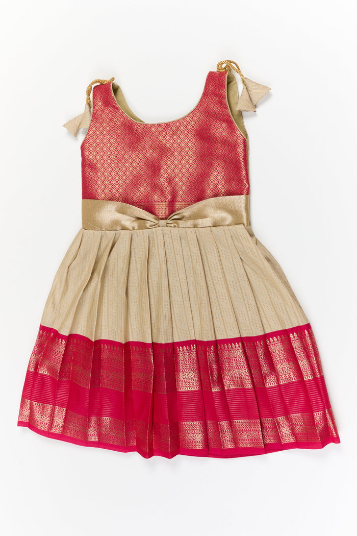 The Nesavu Girls Kanchi Silk Frock Girls Kanchi Silk Frock for Weddings and Festive Functions Nesavu 22 (4Y) / Gold / Style 2 KSF023AB-22 Nesavu girls kanchi frock for weddings in semi designer kanchivaram silk inspired collection