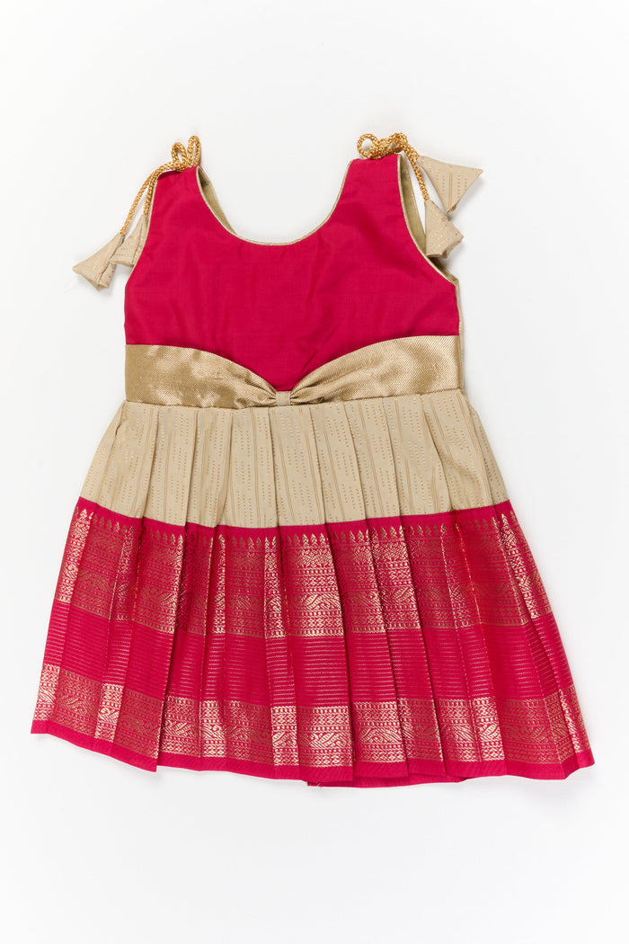 The Nesavu Girls Kanchi Silk Frock Girls Kanchi Silk Frock for Weddings and Festive Functions Nesavu 14 (6M) / Gold / Style 3 KSF023AC-14 Nesavu girls kanchi frock for weddings in semi designer kanchivaram silk inspired collection
