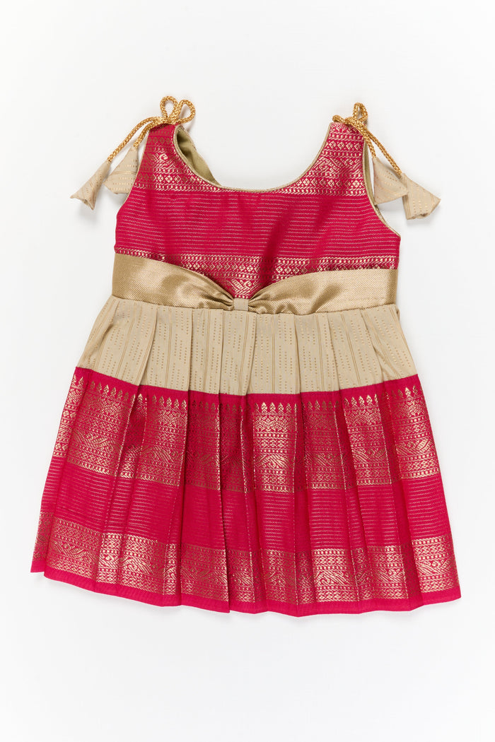 The Nesavu Girls Kanchi Silk Frock Girls Kanchi Silk Frock for Weddings and Festive Functions Nesavu 10 (NB) / Gold / Style 4 KSF023AD-10 Nesavu girls kanchi frock for weddings in semi designer kanchivaram silk inspired collection