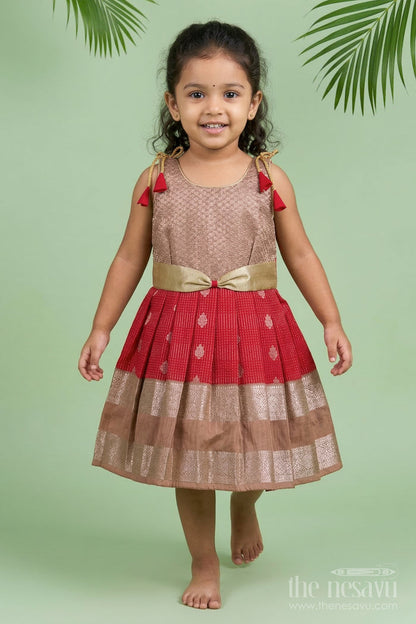The Nesavu Girls Kanchi Silk Frock Girls Kanchi Silk Frock for Weddings and Festive Gatherings Nesavu 10 (NB) / Red / Style 4 KSF022BD-10 Nesavu girls kanchi silk frock for weddings in semi designer bridal kanchivaram silk style