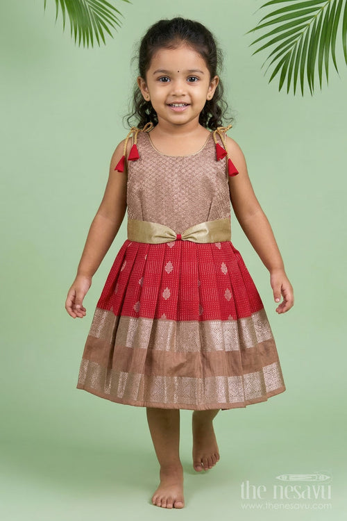 The Nesavu Girls Kanchi Silk Frock Girls Kanchi Silk Frock for Weddings and Festive Gatherings Nesavu 10 (NB) / Red / Style 4 KSF022BD-10 Nesavu girls kanchi silk frock for weddings in semi designer bridal kanchivaram silk style