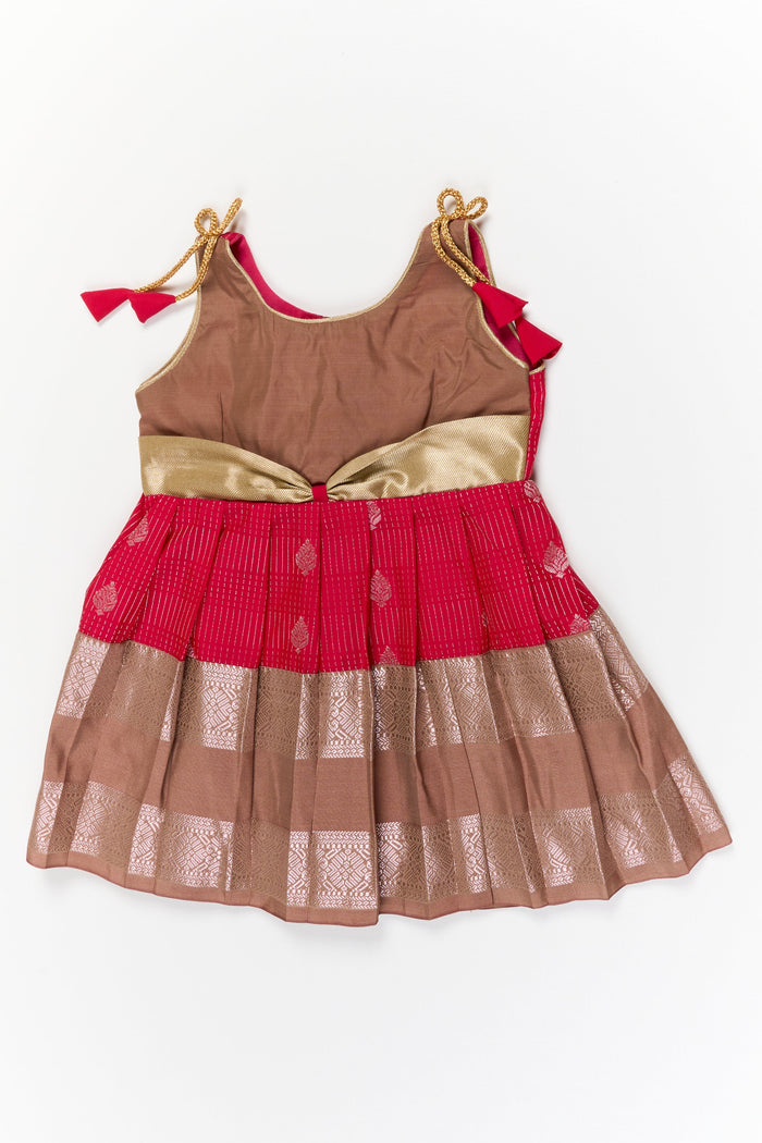 The Nesavu Girls Kanchi Silk Frock Girls Kanchi Silk Frock for Weddings and Festive Gatherings Nesavu 14 (6M) / Red / Style 3 KSF022BC-14 Nesavu girls kanchi silk frock for weddings in semi designer bridal kanchivaram silk style