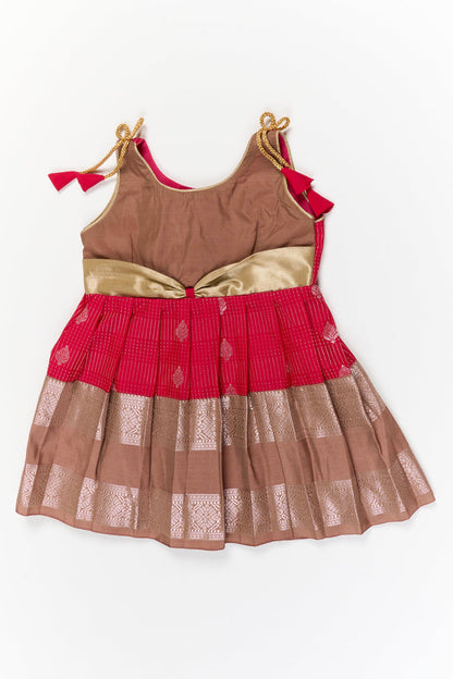 The Nesavu Girls Kanchi Silk Frock Girls Kanchi Silk Frock for Weddings and Festive Gatherings Nesavu 14 (6M) / Red / Style 3 KSF022BC-14 Nesavu girls kanchi silk frock for weddings in semi designer bridal kanchivaram silk style