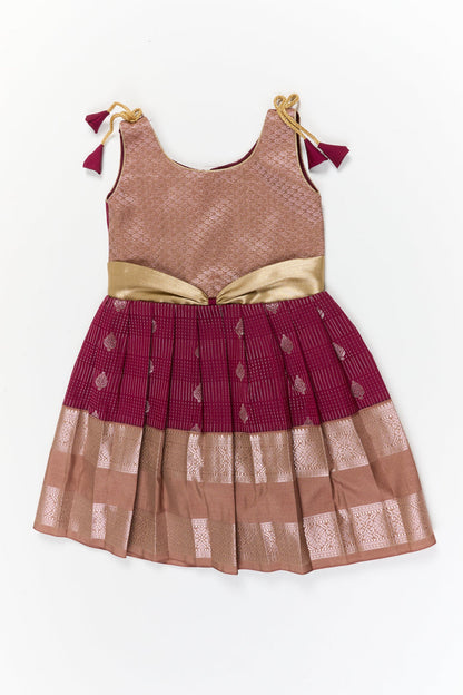 The Nesavu Girls Kanchi Silk Frock Girls Kanchi Silk Frock for Weddings and Festive Occasions Nesavu 18 (2Y) / Maroon / Style 1 KSF022GA-18 Nesavu girls kanchi silk frock for weddings in semi bridal kanchivaram silk inspired design