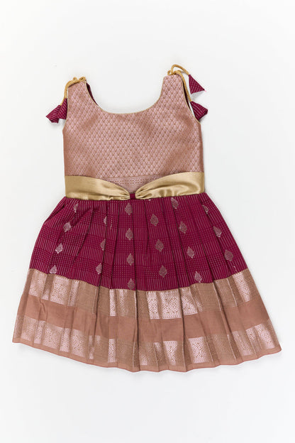 The Nesavu Girls Kanchi Silk Frock Girls Kanchi Silk Frock for Weddings and Festive Occasions Nesavu 20 (3Y) / Maroon / Style 2 KSF022GB-20 Nesavu girls kanchi silk frock for weddings in semi bridal kanchivaram silk inspired design