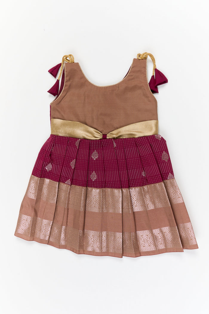 The Nesavu Girls Kanchi Silk Frock Girls Kanchi Silk Frock for Weddings and Festive Occasions Nesavu 14 (6M) / Maroon / Style 3 KSF022GC-14 Nesavu girls kanchi silk frock for weddings in semi bridal kanchivaram silk inspired design