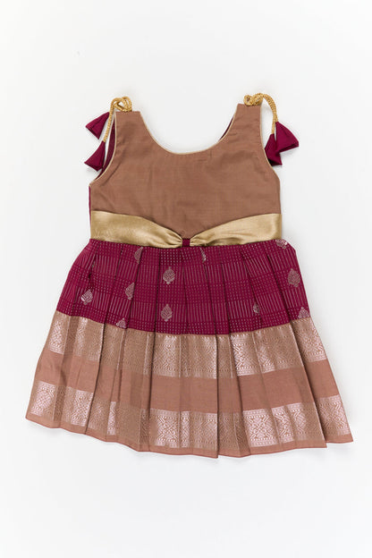 The Nesavu Girls Kanchi Silk Frock Girls Kanchi Silk Frock for Weddings and Festive Occasions Nesavu 14 (6M) / Maroon / Style 3 KSF022GC-14 Nesavu girls kanchi silk frock for weddings in semi bridal kanchivaram silk inspired design