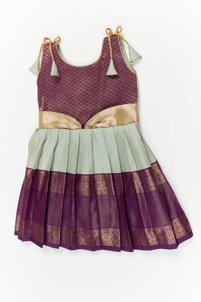 The Nesavu Girls Kanchi Silk Frock Girls Kanchi Silk Frock for Weddings and Traditional Events Nesavu 18 (2Y) / Purple / Style 1 KSF021BA-18 Nesavu girls kanchi silk frock for weddings in semi jacquard kanchivaram silk inspired design