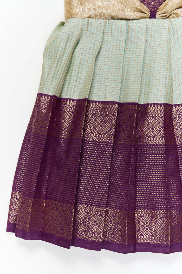 The Nesavu Girls Kanchi Silk Frock Girls Kanchi Silk Frock for Weddings and Traditional Events Nesavu Nesavu girls kanchi silk frock for weddings in semi jacquard kanchivaram silk inspired design