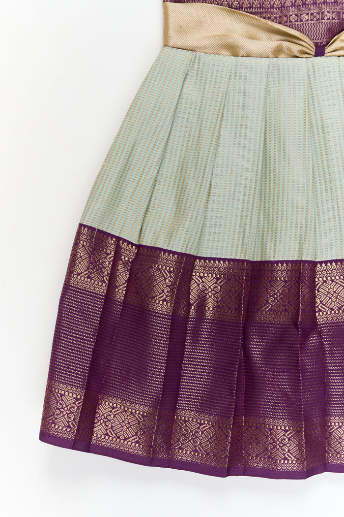 The Nesavu Girls Kanchi Silk Frock Girls Kanchi Silk Frock for Weddings and Traditional Events Nesavu Nesavu girls kanchi silk frock for weddings in semi jacquard kanchivaram silk inspired design