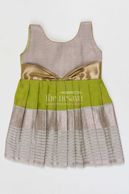 The Nesavu Girls Kanchi Silk Frock Girls Kanchi Silk Frock for Weddings Nesavu 10 (NB) / Green / Style 1 KSF005DA-10 Nesavu Girls Semi Pure Kanchivaram Silk Frock Saree Inspired Design For Weddings And Festive Events
