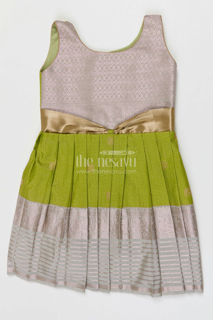 The Nesavu Girls Kanchi Silk Frock Girls Kanchi Silk Frock for Weddings Nesavu 10 (NB) / Green / Style 2 KSF005DB-10 Nesavu Girls Semi Pure Kanchivaram Silk Frock Saree Inspired Design For Weddings And Festive Events