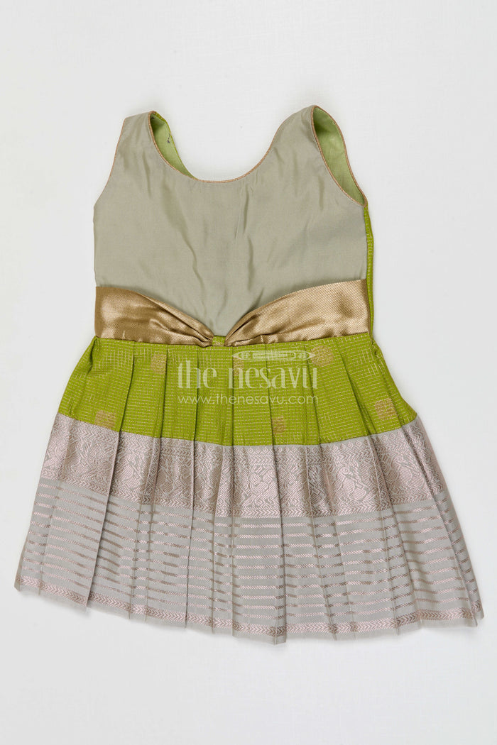 The Nesavu Girls Kanchi Silk Frock Girls Kanchi Silk Frock for Weddings Nesavu 10 (NB) / Green / Style 3 KSF005DC-10 Nesavu Girls Semi Pure Kanchivaram Silk Frock Saree Inspired Design For Weddings And Festive Events