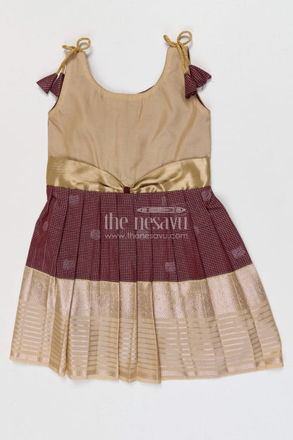 The Nesavu Girls Kanchi Silk Frock Girls Kanchi Silk Frock Weddings and Traditional Events Nesavu 10 (NB) / Brown / Style 3 KSF005BC-10 Nesavu Girls Kanchi Silk Frock Saree Inspired Design For Weddings And Festive Occasions
