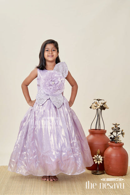 The Nesavu Girls Fancy Party Frock Girls Lavender Organza Latest Design Long Frock with Sequin Leaves and 3D Floral Appliqué Nesavu 22 (4Y) / Purple PF225B-22 Nesavu Girls Lavender Organza Long Party Frock Floral Sequin Design latest design long frock