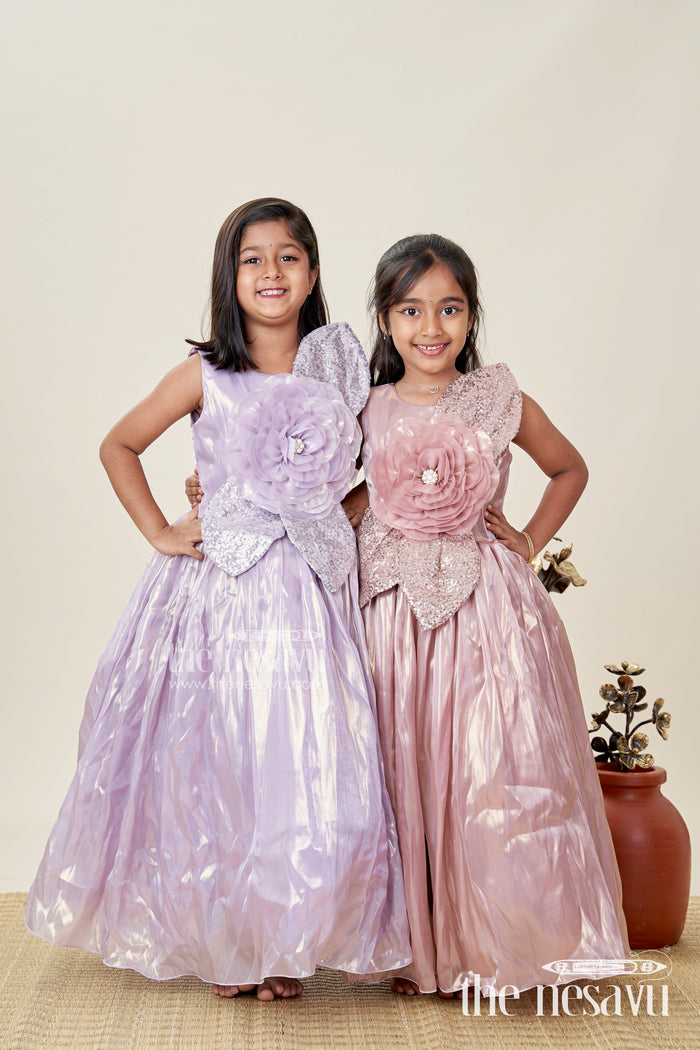 The Nesavu Girls Fancy Party Frock Girls Lavender Organza Latest Design Long Frock with Sequin Leaves and 3D Floral Appliqué Nesavu Nesavu Girls Lavender Organza Long Party Frock Floral Sequin Design latest design long frock