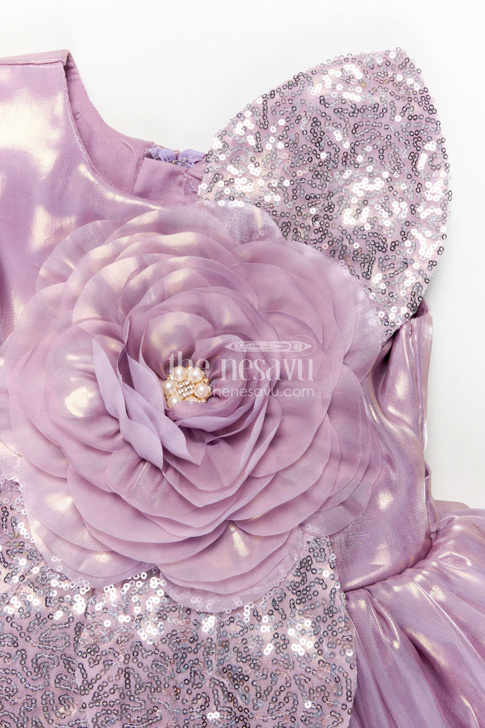 The Nesavu Girls Fancy Party Frock Girls Lavender Organza latest design long frock with Sequin Leaves and 3D Floral Appliqué Nesavu Nesavu Girls Lavender Organza Long Party Frock Floral Sequin Design latest design long frock
