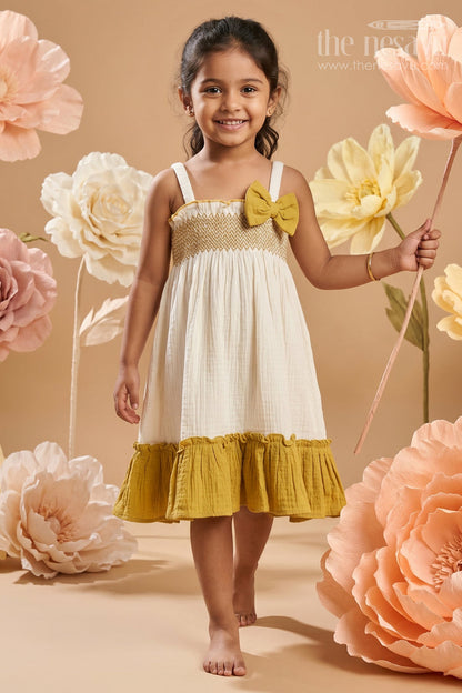 The Nesavu Girls Cotton Frock Girls Layered Frock for Outings and Everyday Special Moments Nesavu 16 (1Y) / Green / Muslin Cotton GFC2214C-16 Nesavu Girls Layered Muslin Cotton Frock For Outings And Everyday Wear With Flared Tiered Design