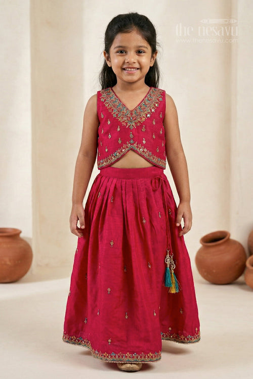 The Nesavu Girls Lehenga Choli Girls Lehenga Choli for Festive Celebrations and Birthday Parties Nesavu 16 (1Y) / Pink / Viscose Silk GL903A-16 Nesavu Girls Textured Viscose Silk Lehenga Choli With Embroidered Yoke For Festive Celebrations