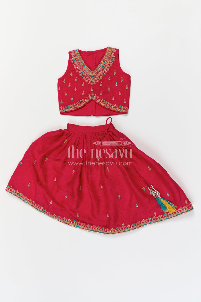 The Nesavu Girls Lehenga Choli Girls Lehenga Choli for Festive Celebrations and Birthday Parties Nesavu Nesavu Girls Textured Viscose Silk Lehenga Choli With Embroidered Yoke For Festive Celebrations