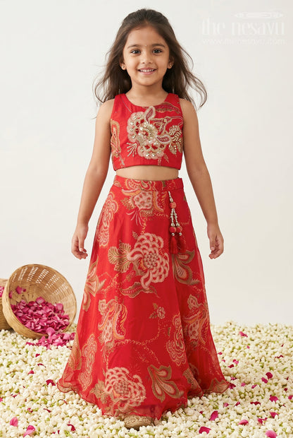 The Nesavu Girls Lehenga Choli Girls Lehenga Choli for Festive Functions and Wedding Events Nesavu 24 (5Y) / Red / Georgette GL772A-24 Nesavu Girls Lehenga Choli For Festive Functions And Wedding Events With Digital Print And Flared Design