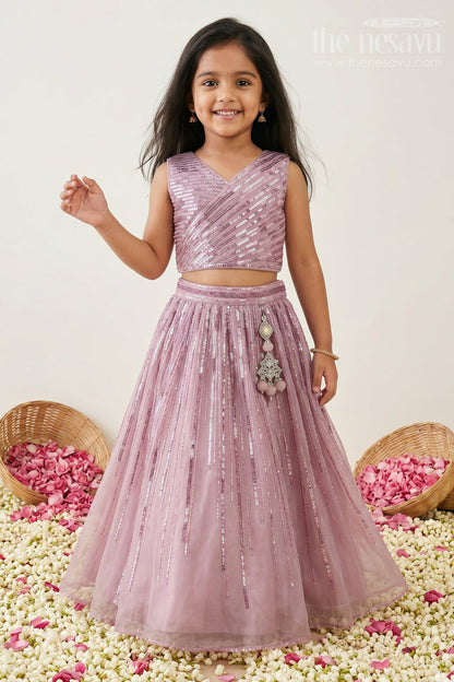 The Nesavu Girls Lehenga Choli Girls Lehenga Choli for Temple Visits and Festive Celebrations Nesavu 24 (5Y) / Purple / Organza GL923A-24 Nesavu Girls Lehenga Choli For Weddings And Festive Celebrations With Designer Embroidery And Organza Flare