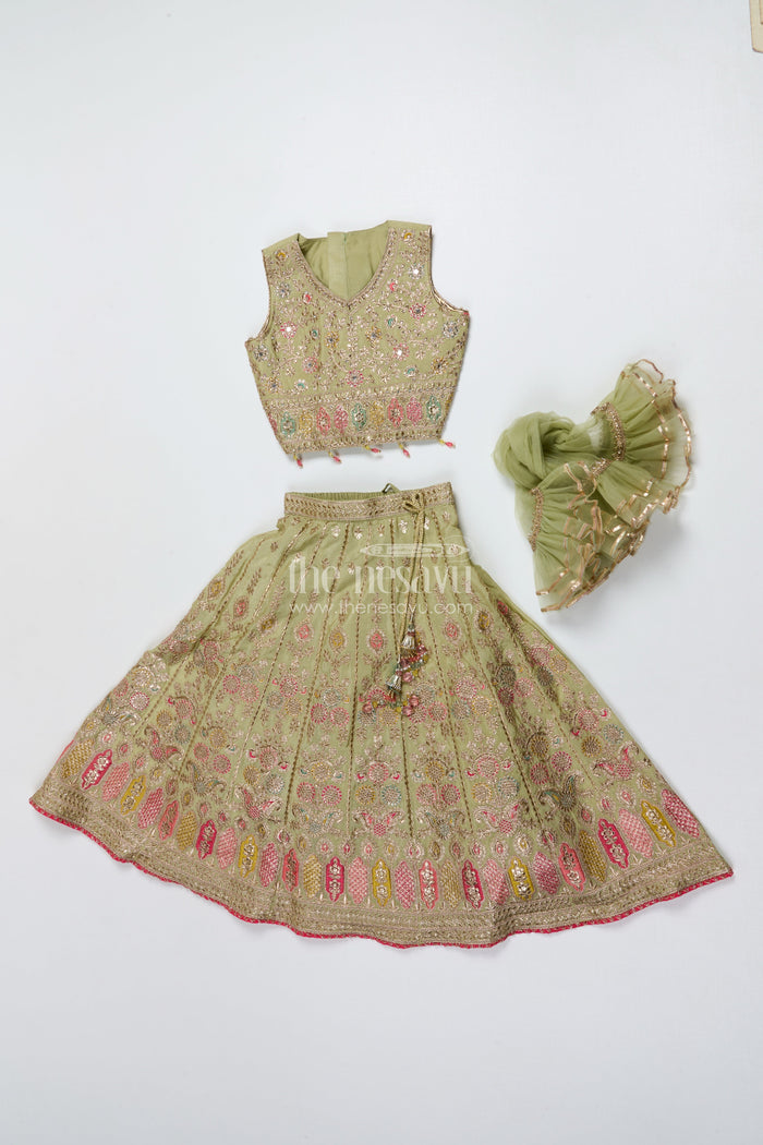 The Nesavu Girls Lehenga Choli Girls Lehenga Choli for Wedding and Festive Celebrations Nesavu Nesavu girls lehenga choli green silk designer embroidery weddings Diwali