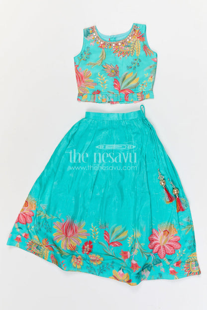 The Nesavu Girls Lehenga Choli Girls Lehenga Choli for Weddings and Festivals Events Nesavu 22 (4Y) / Turquoise / Modal GL893A-22 Nesavu girls modal silk lehenga choli for weddings and festive celebrations with floral digital print
