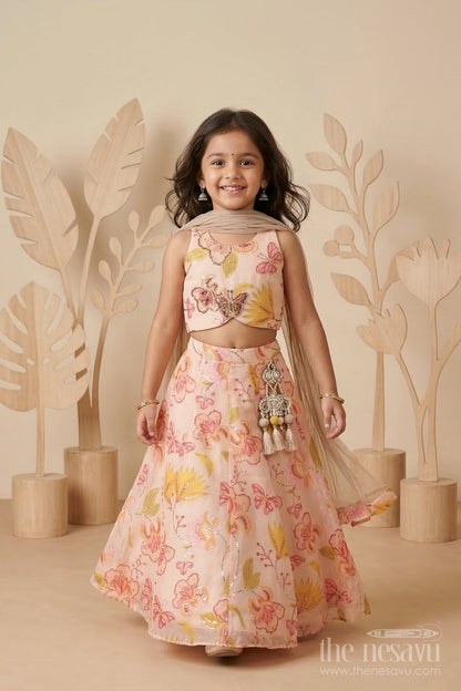The Nesavu Girls Lehenga Choli Girls Lehenga Choli for Weddings and Festive Celebration Nesavu 24 (5Y) / Cream / Organza Tissue GL880A-24 Nesavu girls tissue organza printed lehenga choli for weddings festive celebrations and special occasions
