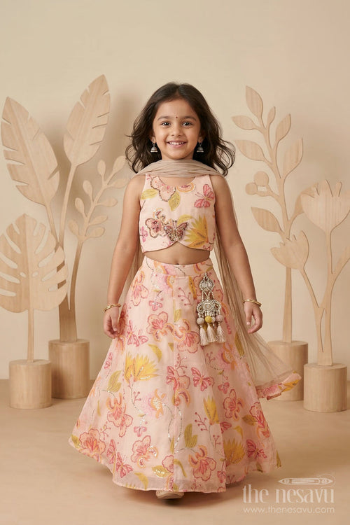 The Nesavu Girls Lehenga Choli Girls Lehenga Choli for Weddings and Festive Celebration Nesavu 24 (5Y) / Cream / Organza Tissue GL880A-24 Nesavu girls tissue organza printed lehenga choli for weddings festive celebrations and special occasions