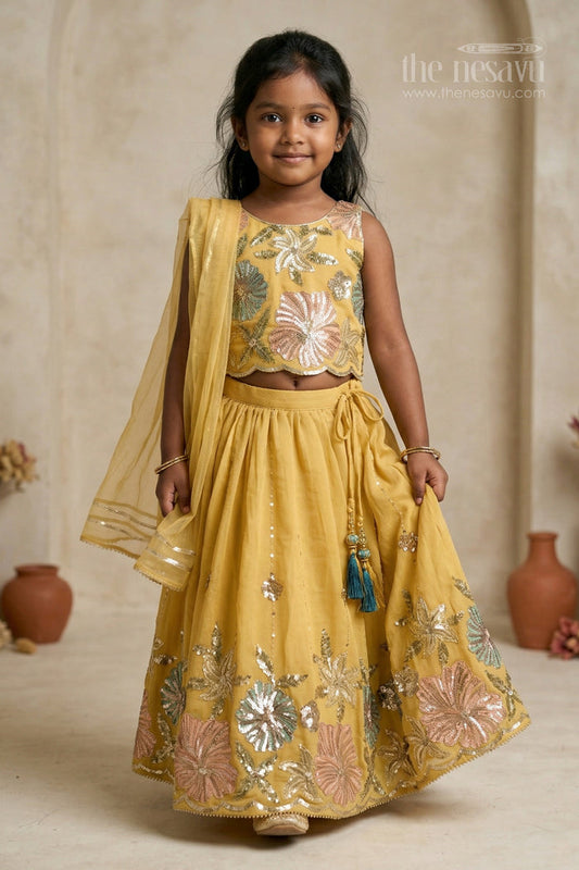 The Nesavu Girls Lehenga Choli Girls Lehenga Choli for Weddings and Festive Family Celebrations Nesavu 16 (1Y) / Yellow / Viscose Silk GL904A-16 Nesavu Girls Viscose Silk Lehenga Choli With Embroidered Yoke For Weddings And Festive Celebrations