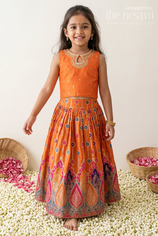 The Nesavu Girls Ethnic Lehenga Girls Lehenga for Festive Occasions and Weddings Nesavu 16 (1Y) / Orange / Georgette GL925B-16 Nesavu Girls Lehenga Georgette With Sequence Embroidery For Weddings And Festive Occasions